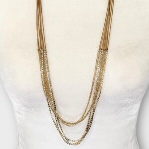 Long Gold and Rhinestone Multi-Strand Necklace with Cascading Layers 31” - 34”